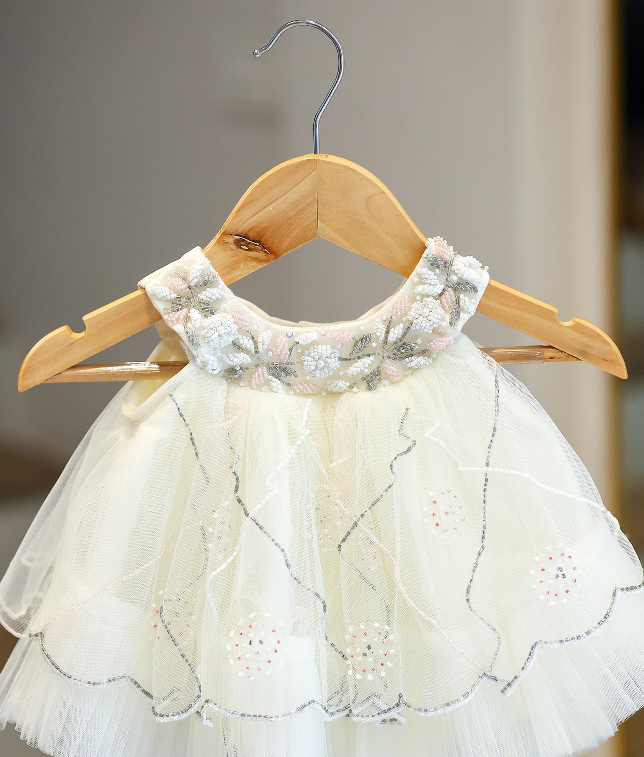 Off-White Tulle Net Handworked Baptism Frock For Baby Girl [Ready To Ship: 2782]
