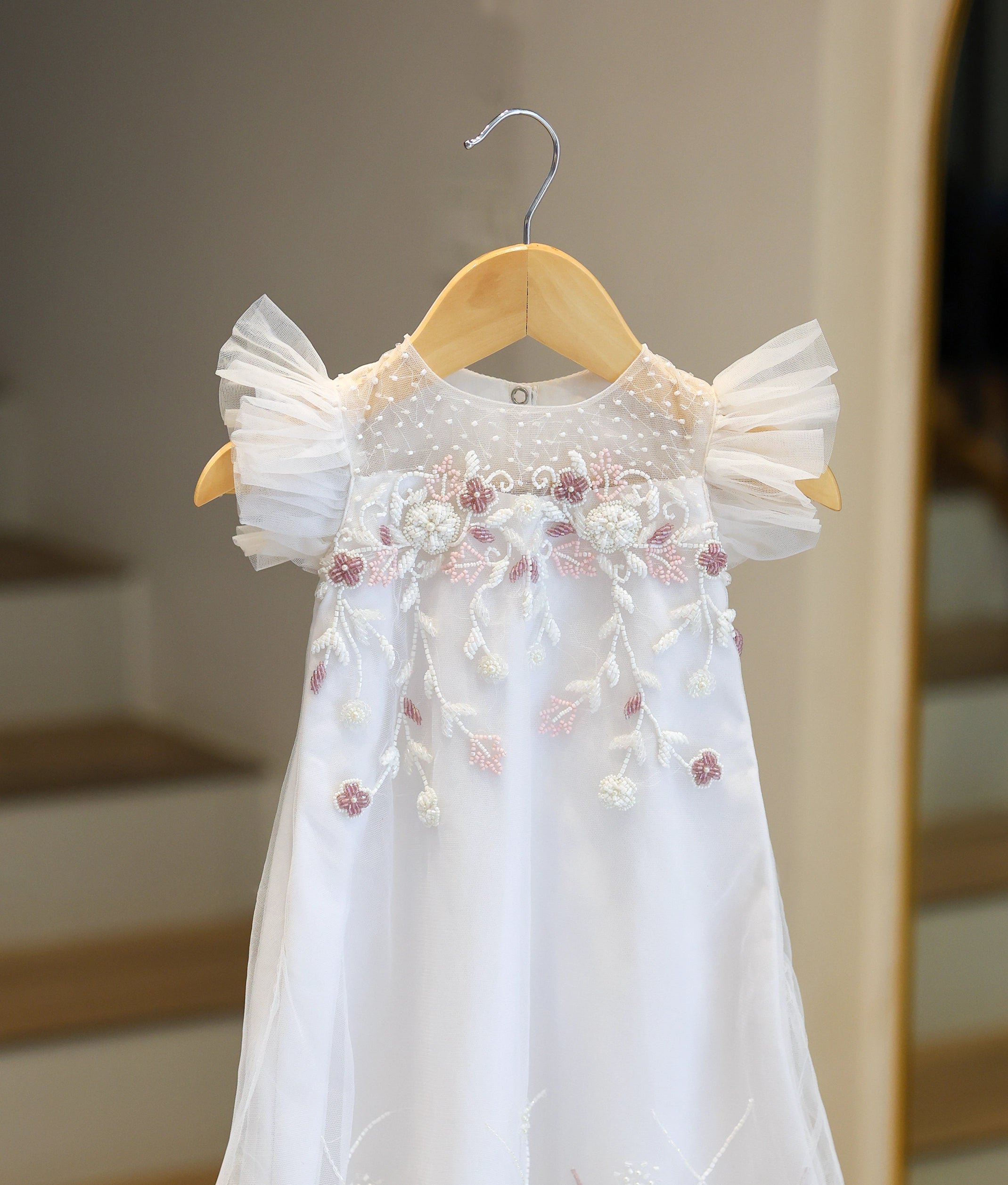 Off-White Tulle Net Handworked Baptism Frock For Baby Girl [Ready To Ship: 6257]