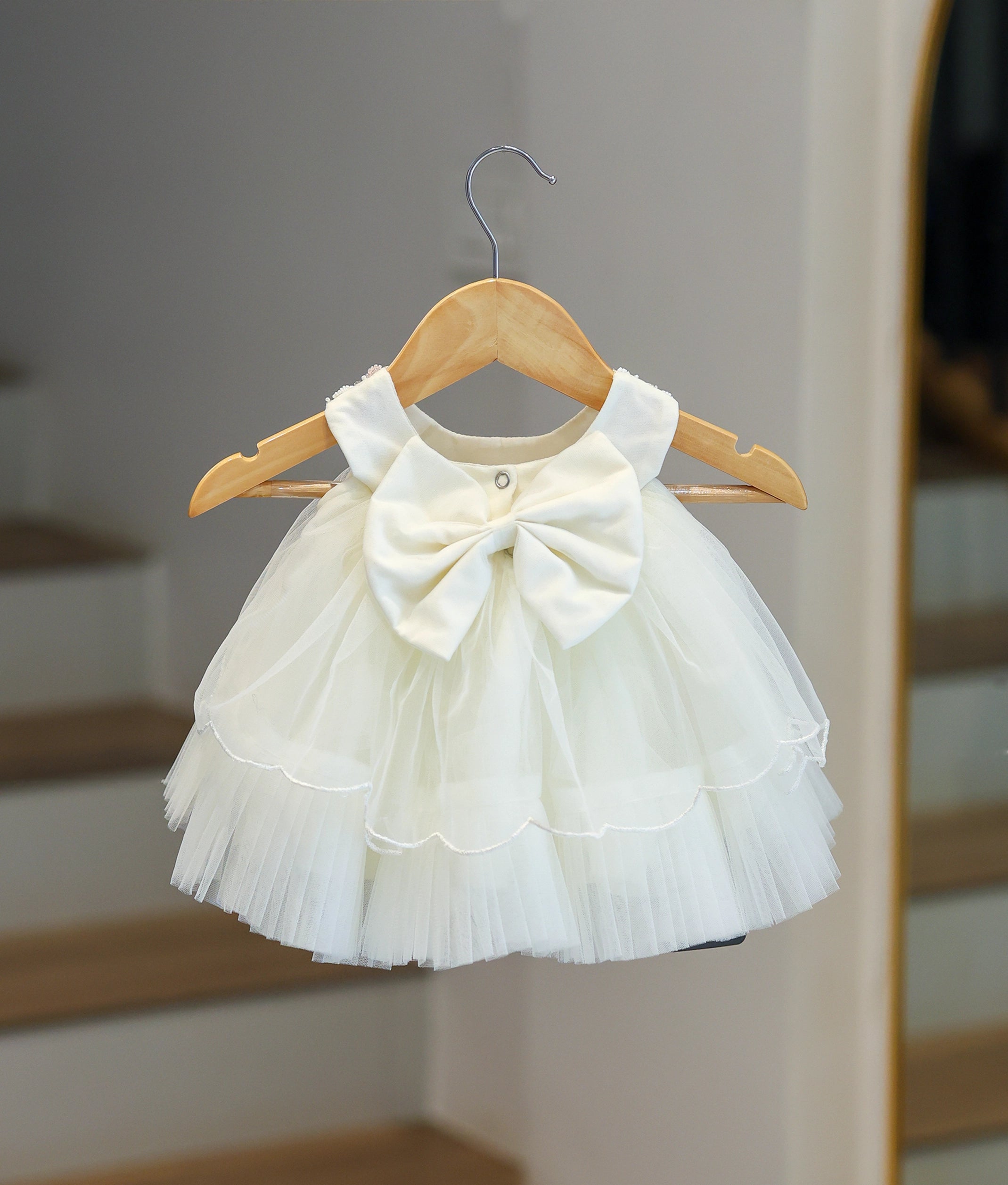 Off-White Tulle Net Handworked Baptism Frock For Baby Girl [Ready To Ship: 2782]