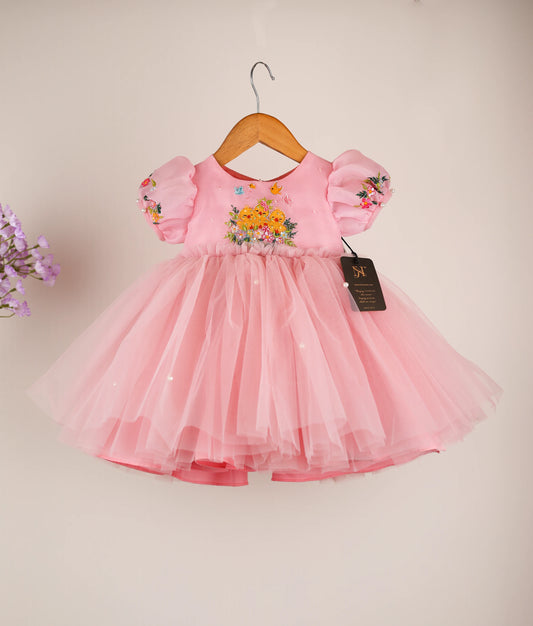Pink Tulle Net Handworked Floral Chick Theme Dress For Baby Girl [Ready to shipr: 5173]