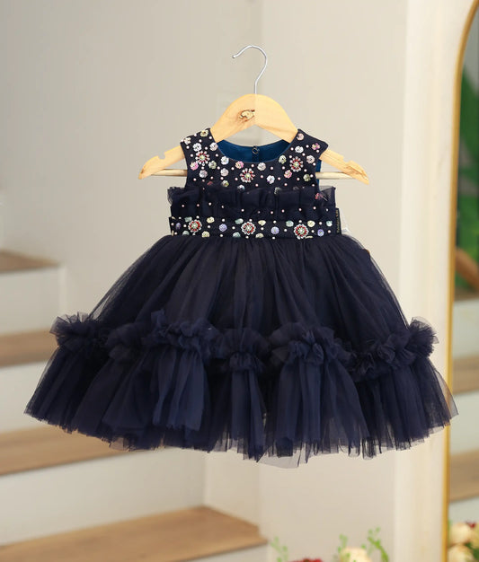 Navy Blue Tulle Net Handworked Birthday Frock For Baby Girl [Ready To Ship: 1235]