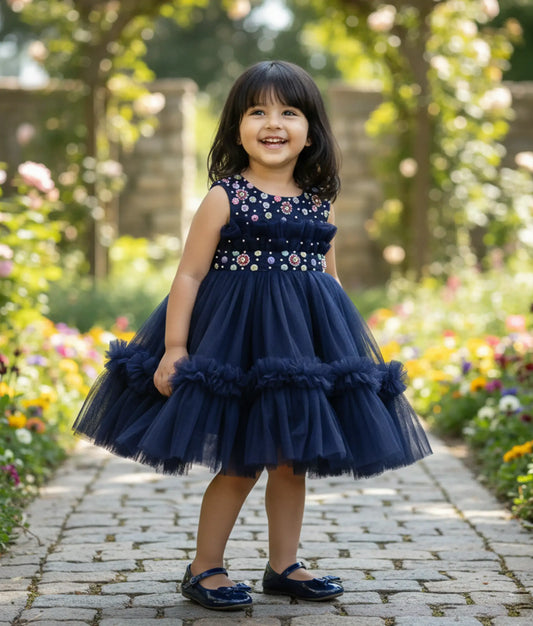 Navy Blue Tulle Net Handworked Birthday Frock For Baby Girl [Ready To Ship: 1235]