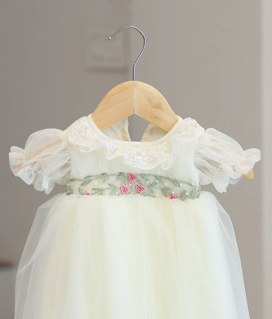 Off-white Tulle Net Handworked Baptism Frock For Baby Girl [Ready to Ship: 2003]