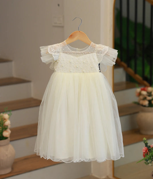 Offwhite Tulle Net Handworked Baptism Gown For Baby Girl [Ready to ship 2004]
