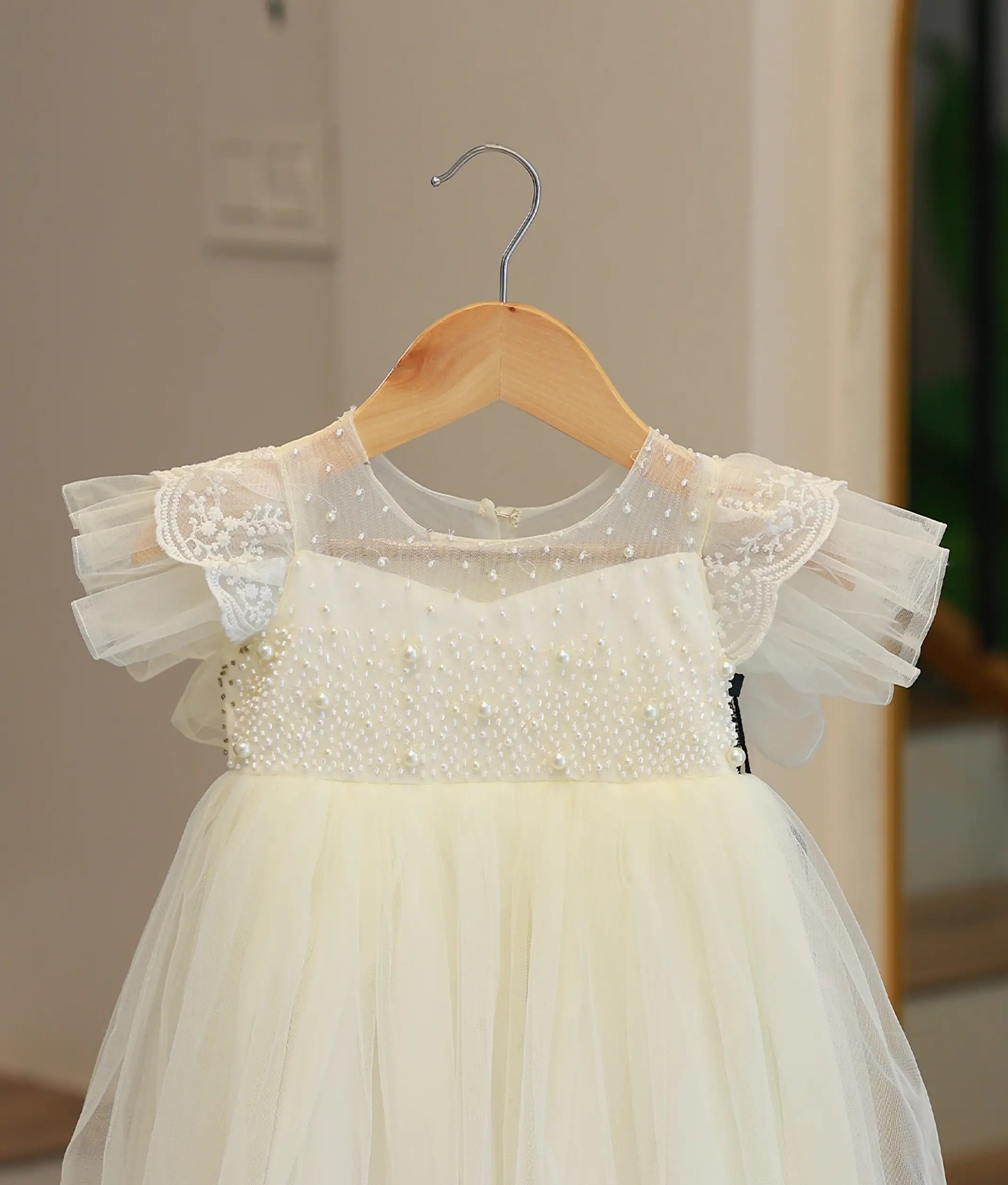 Offwhite Tulle Net Handworked Baptism Gown For Baby Girl [Ready To Ship: 2004]