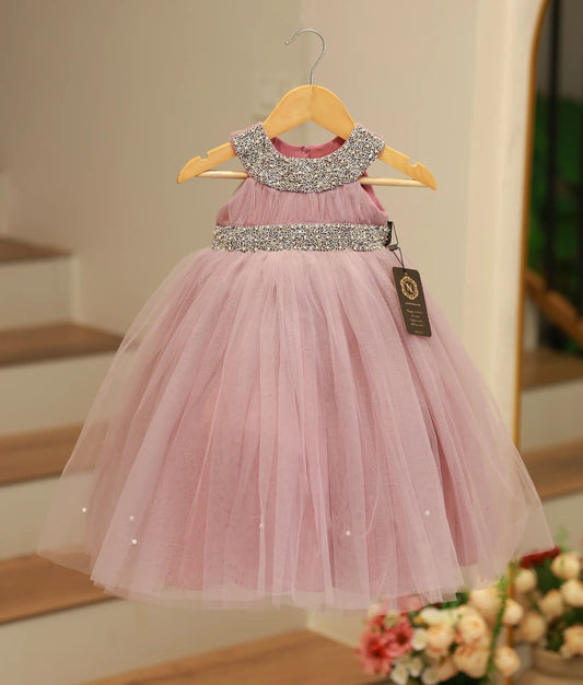 Dusty Lavender Tulle Net Handworked Gown For Baby Girl [Ready To Ship: 2006]