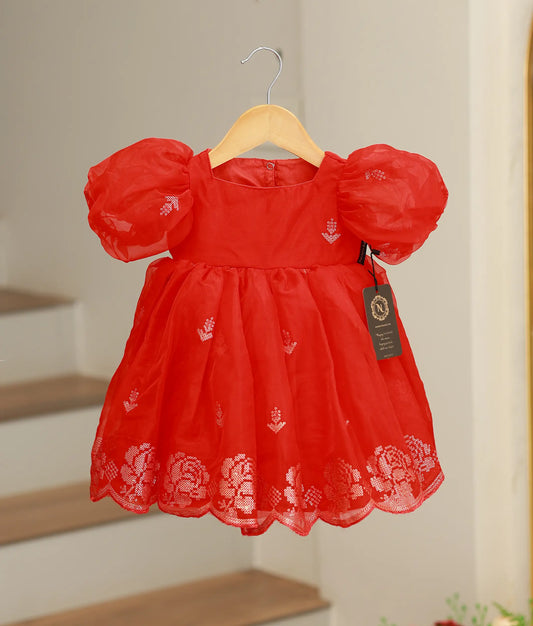 Red Plain Organza Embroidered Casual Frock For Baby Girl [Ready To Ship: 2014]