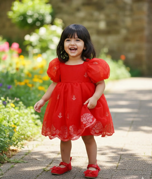 Red Plain Organza Embroidered Casual Frock For Baby Girl [Ready To Ship: 2014]