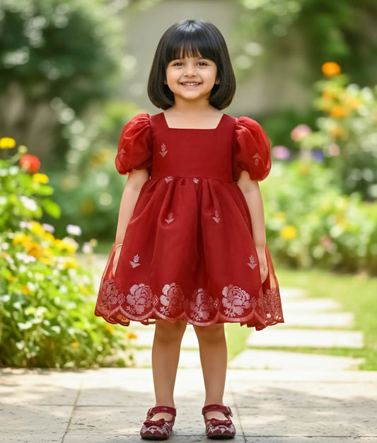 Maroon Plain Organza Embroidered Casual Frock For Baby Girl [Ready To Ship: 2030]