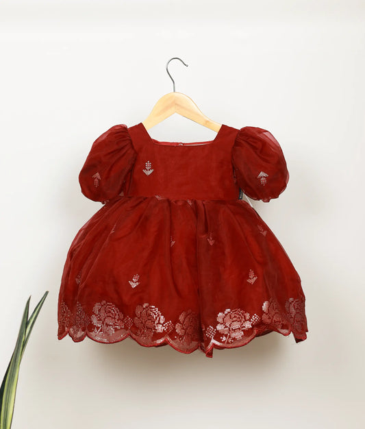 Maroon Plain Organza Embroidered Casual Frock For Baby Girl [Ready To Ship: 2030]