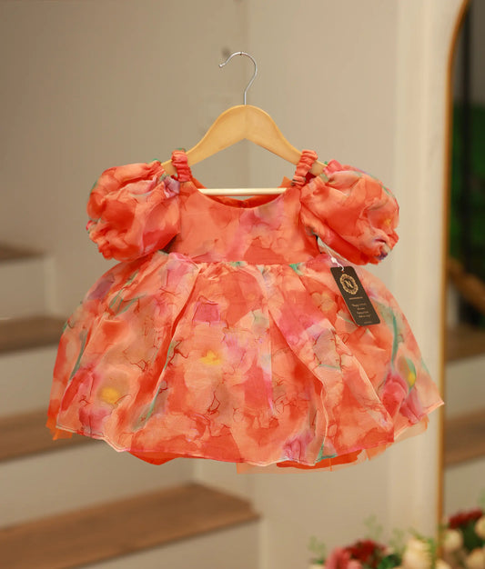 Orange Printed Organza Casual Frock For Baby Girl [Ready To Ship: 2033]