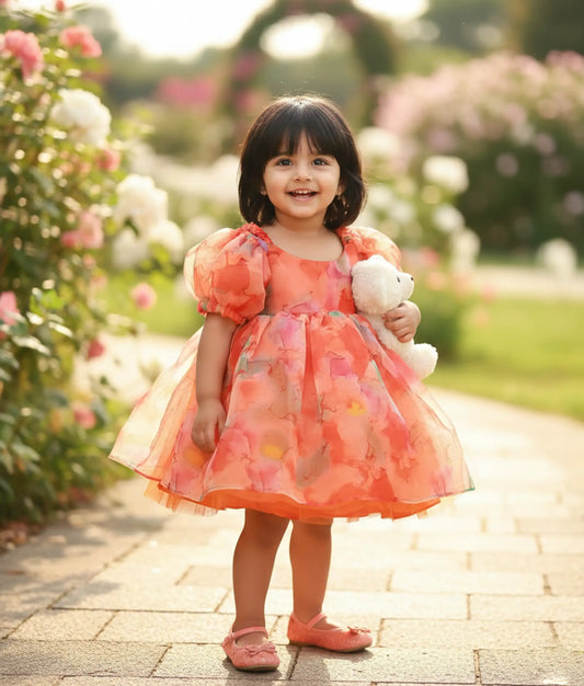 Orange Printed Organza Casual Frock For Baby Girl [Ready To Ship: 2033]