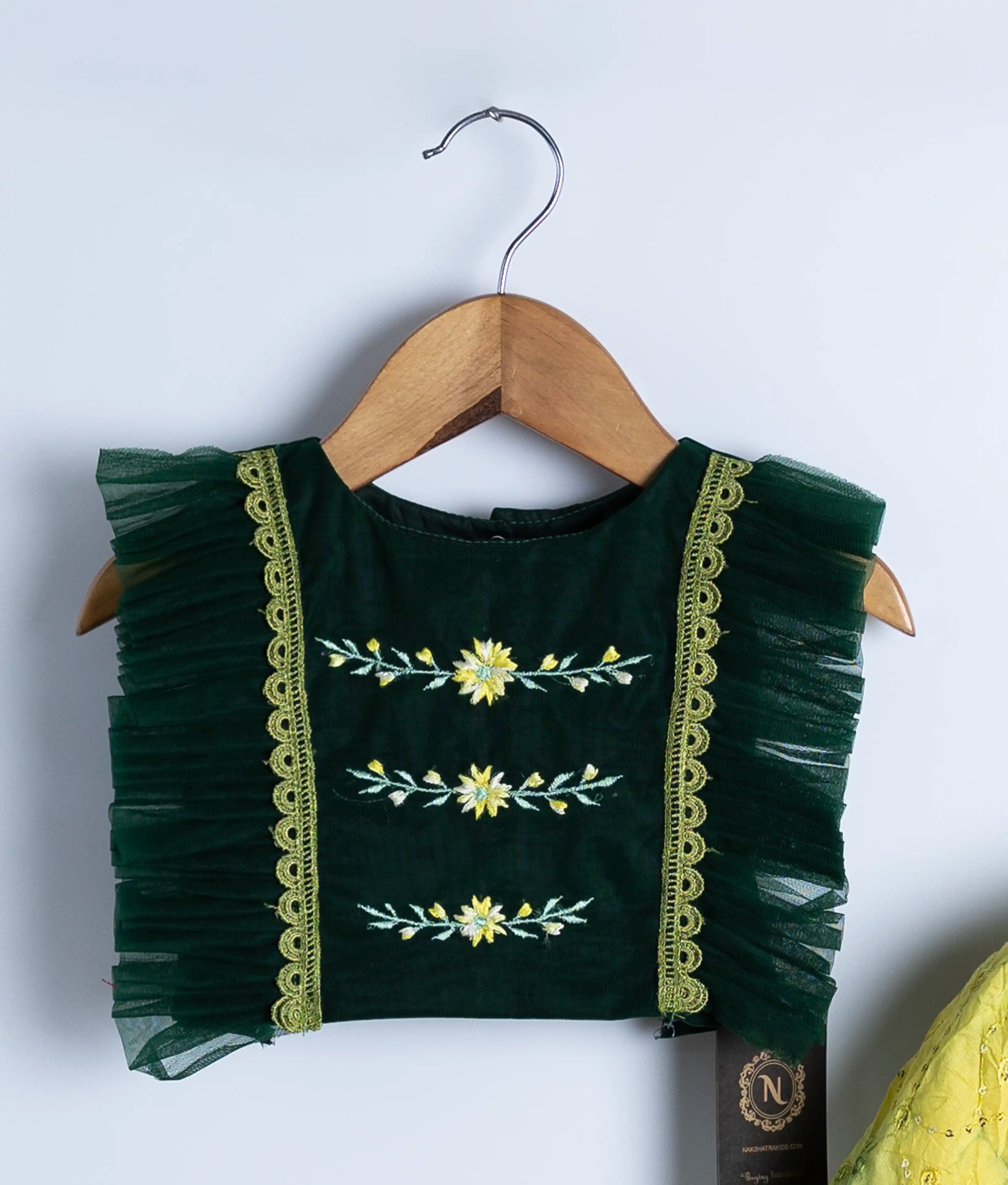 Green Embroidery Crop Top with full length Organza skirt For Pongal [2035]