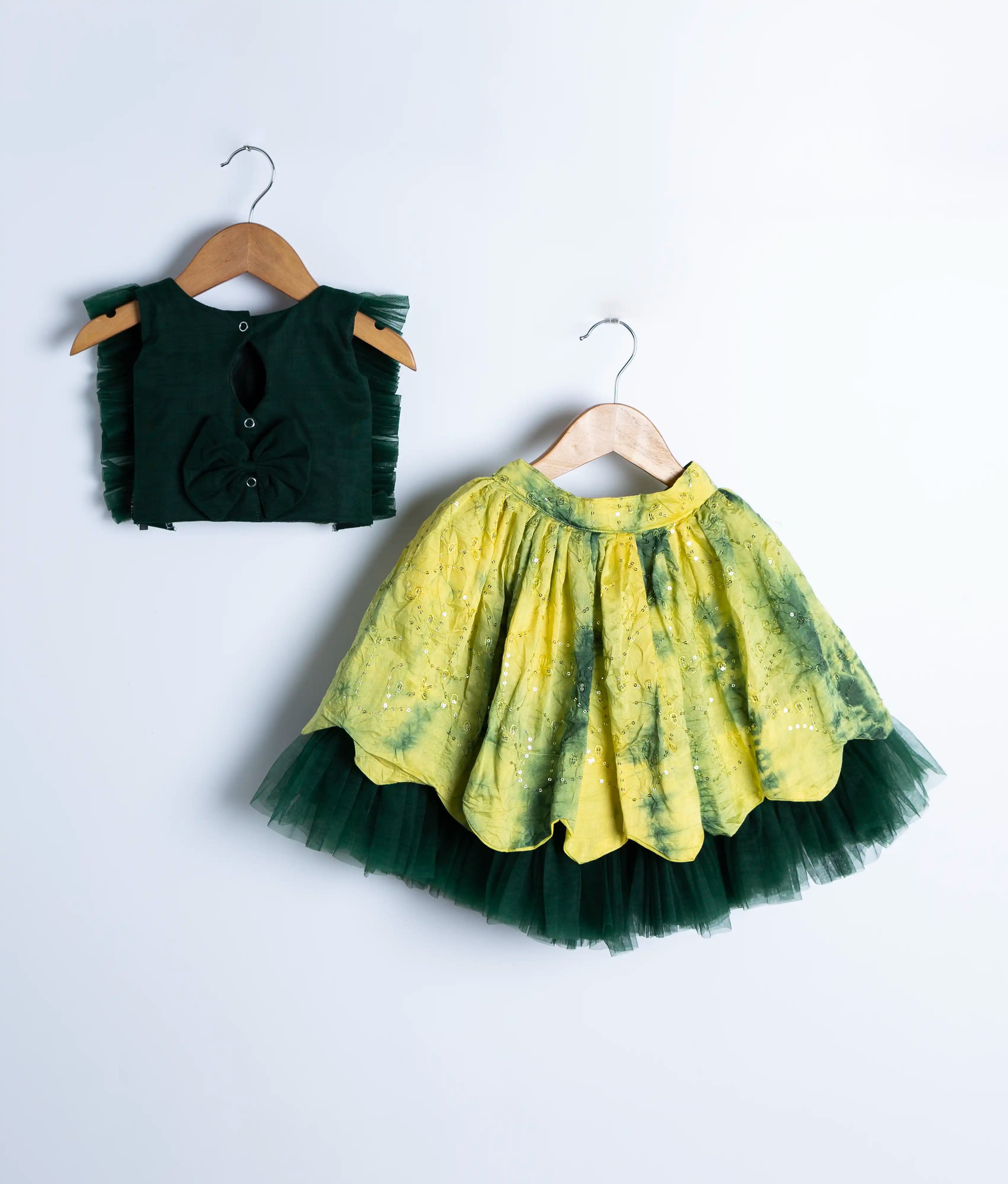 Green Embroidery Crop Top with full length Organza skirt For Pongal [2035]
