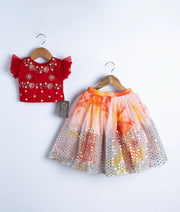 Red Handwork Top with Full Length reflective Organza Skirt For Diwali/Pongal [2038]