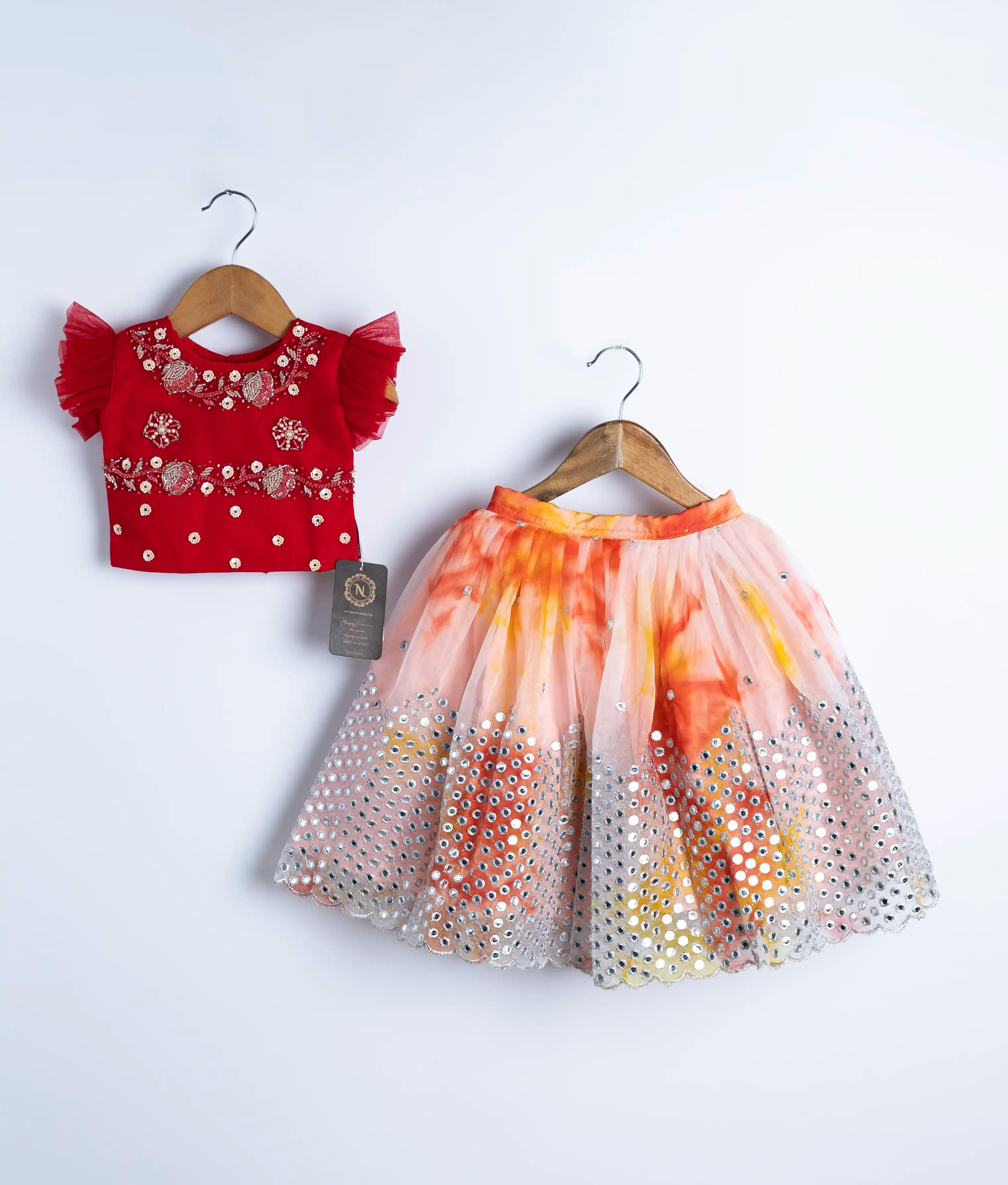 Red Handwork Top with Full Length reflective Organza Skirt For Diwali/Pongal [2038]