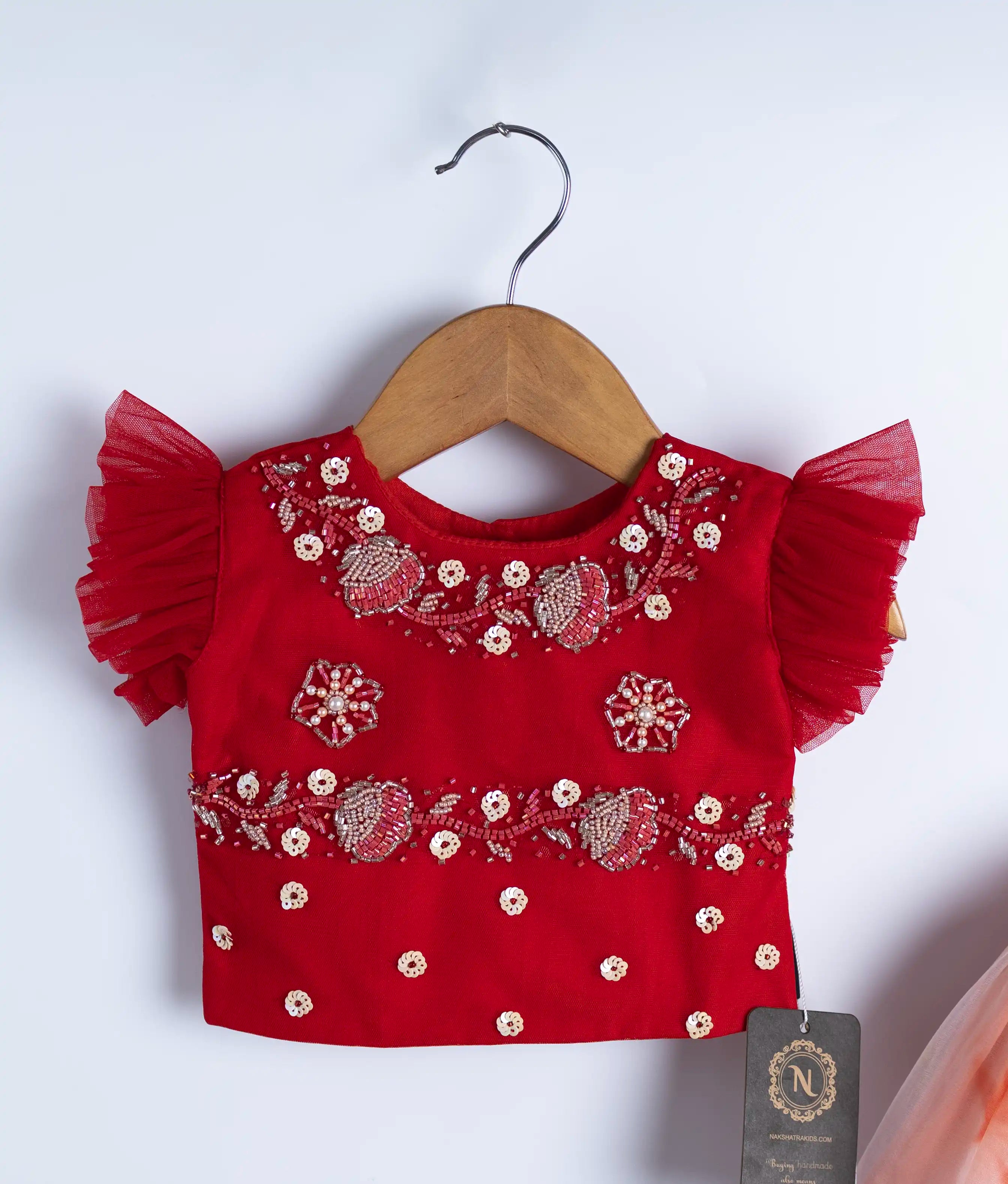 Red Handwork Top with Full Length reflective Organza Skirt For Diwali/Pongal [2038]