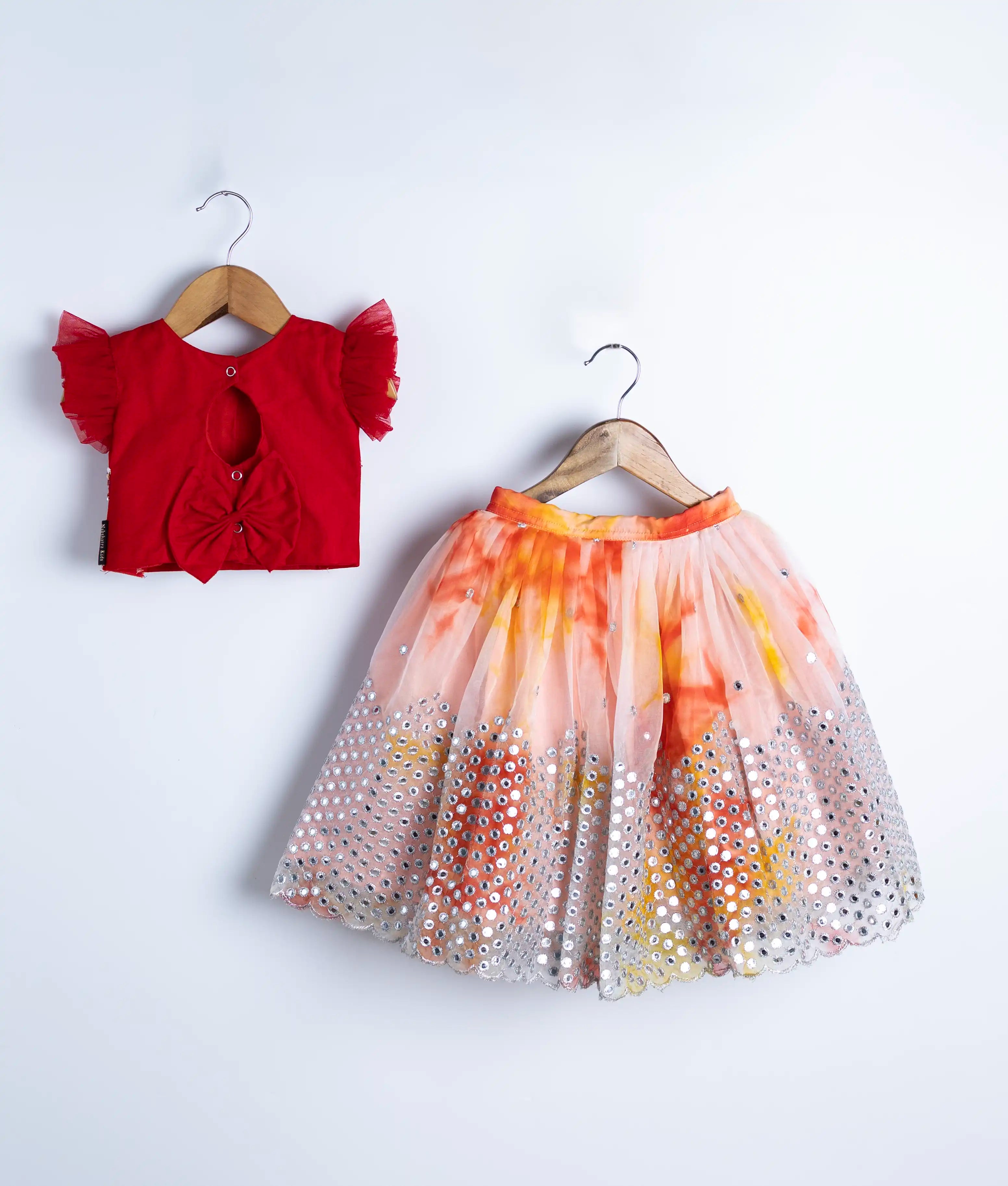 Red Handwork Top with Full Length reflective Organza Skirt For Diwali/Pongal [2038]