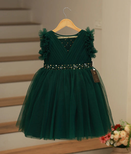 Bottle Green Tulle Net Handworked Birthday Frock For Baby Girl [Ready To Ship: 2053]