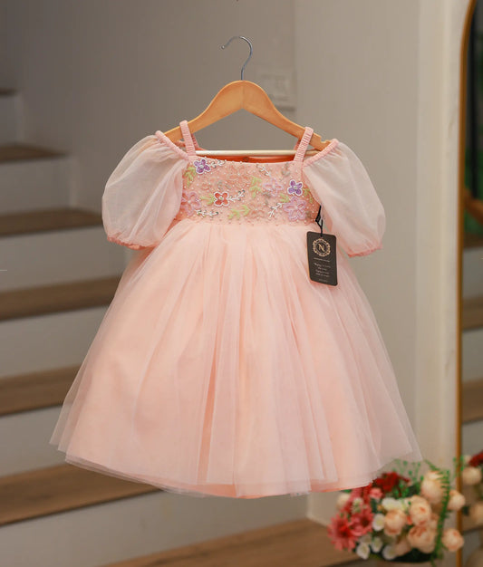 Pastel Peach Tulle Net Handworked Off-The-Shoulder Birthday Gown For Baby Girl [Ready To Ship: 2075]