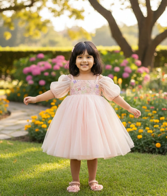 Pastel Peach Tulle Net Handworked Off-The-Shoulder Birthday Gown For Baby Girl [Ready To Ship: 2075]