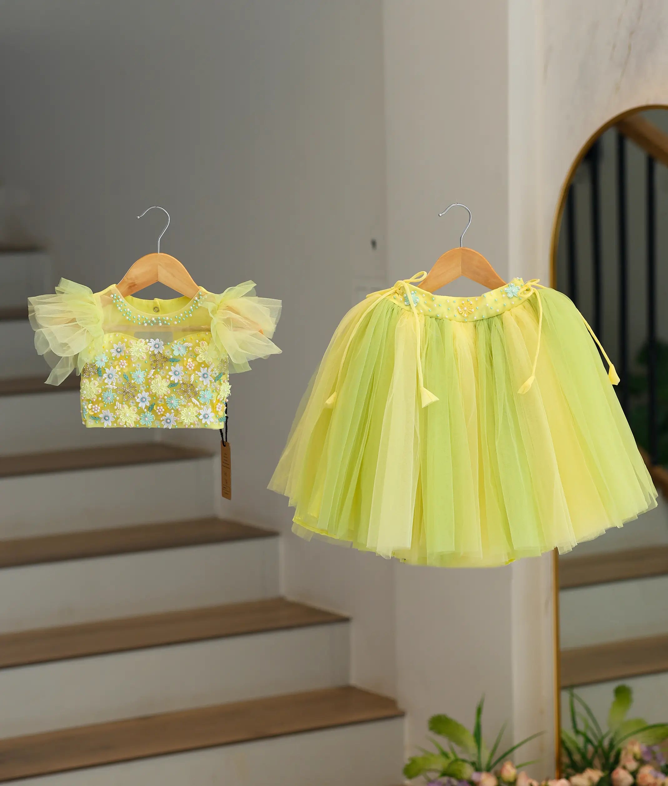 Yellow and Green Tulle Net Handworked Top with Full Length Skirt for Baby Girl [2106]
