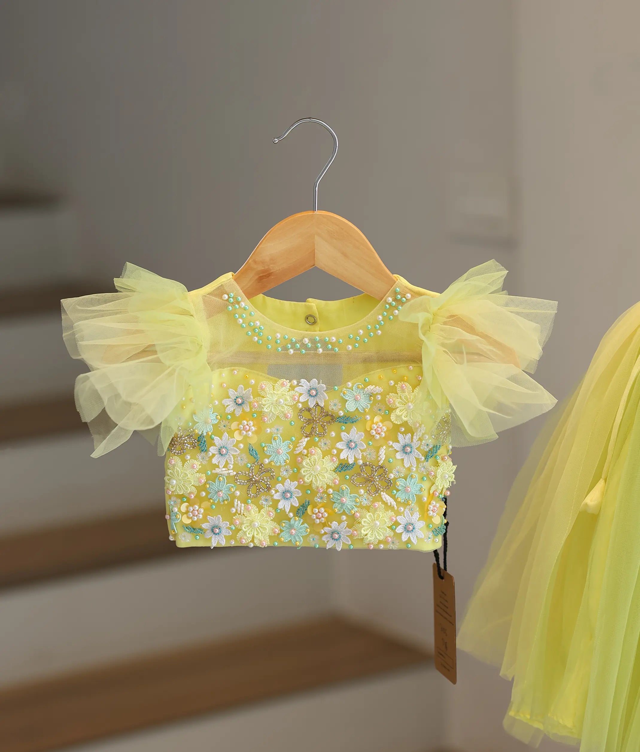 Yellow and Green Tulle Net Handworked Top with Full Length Skirt for Baby Girl [2106]
