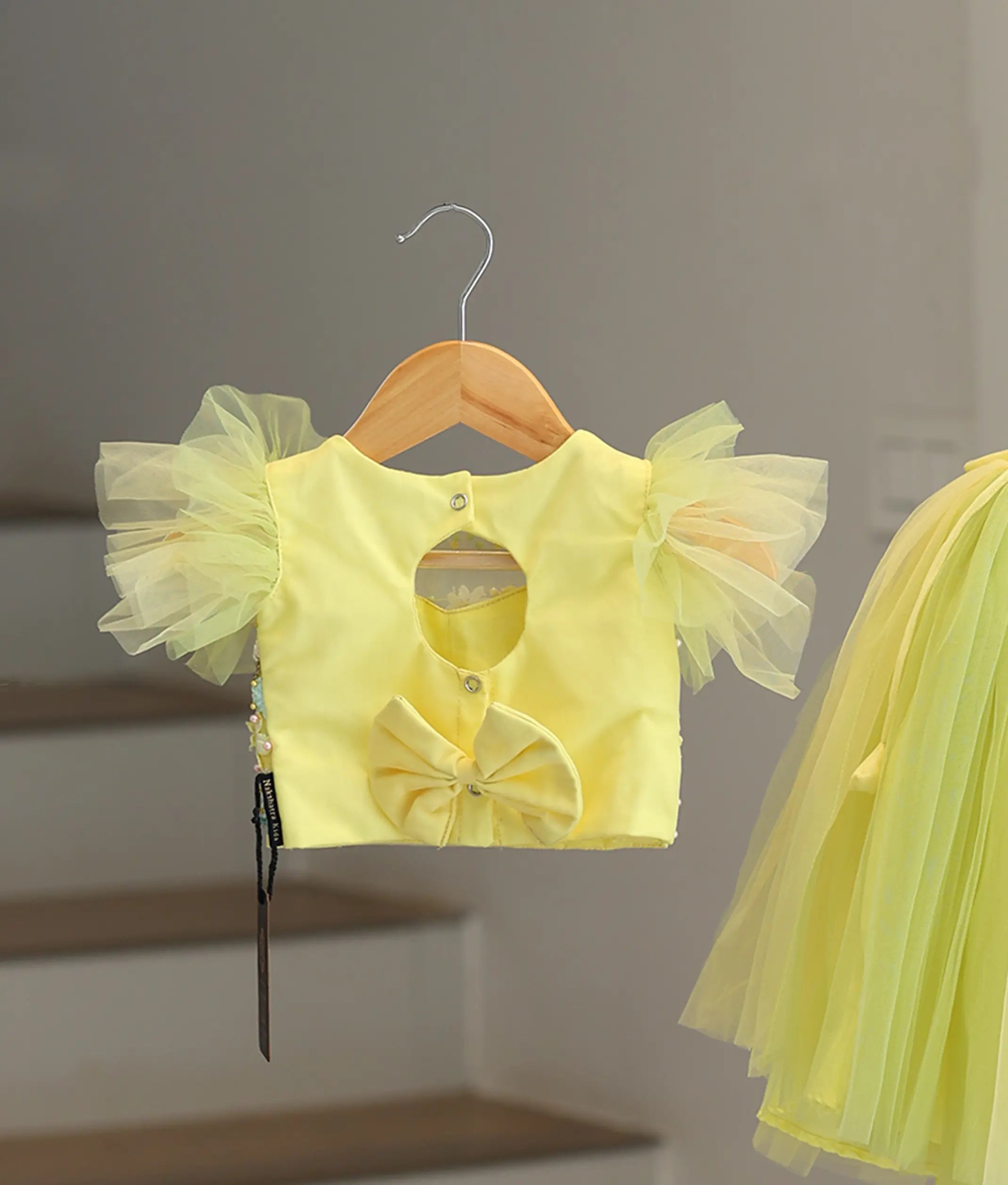 Yellow and Green Tulle Net Handworked Top with Full Length Skirt for Baby Girl [2106]