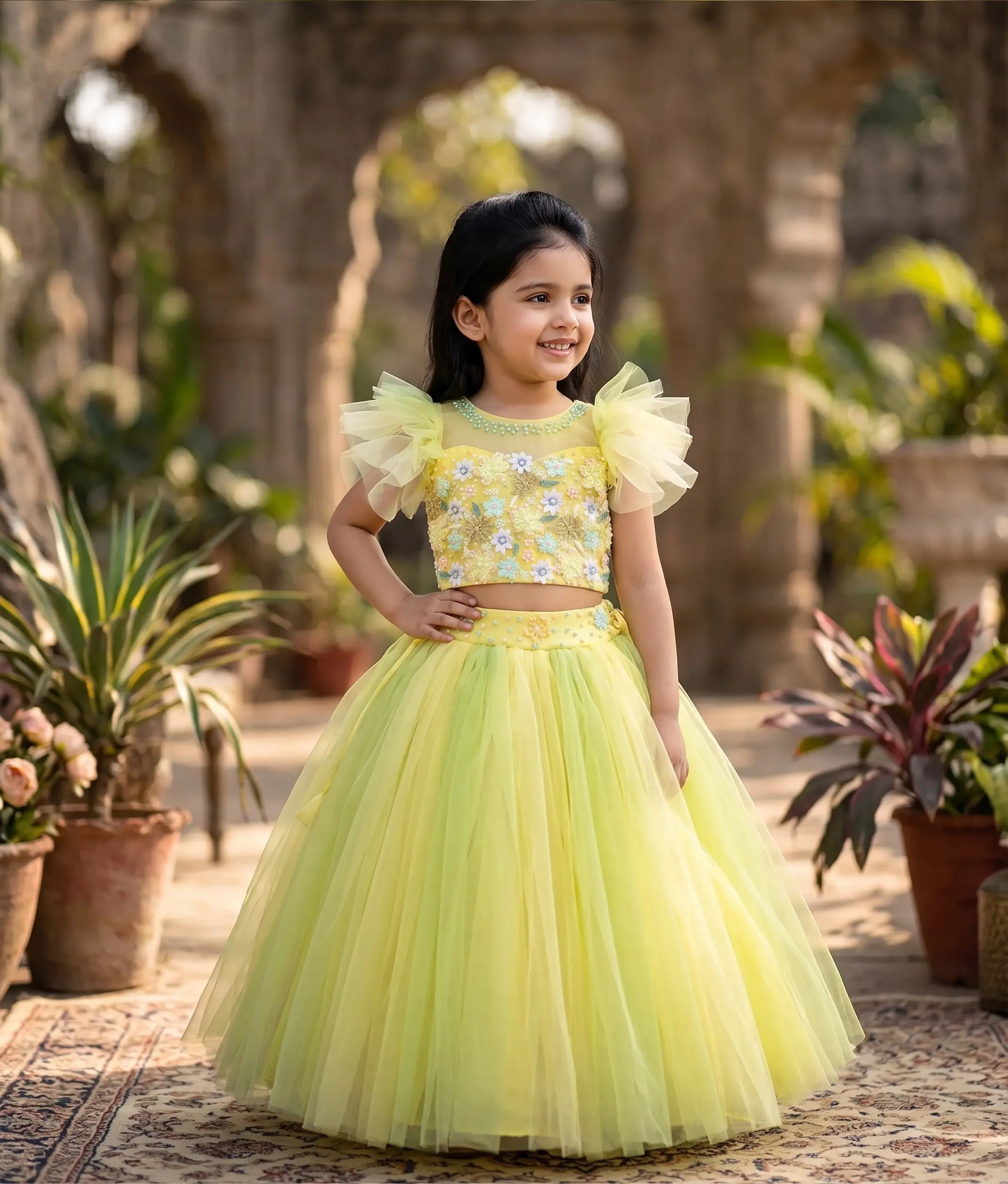 Yellow and Green Tulle Net Handworked Top with Full Length Skirt for Baby Girl [2106]