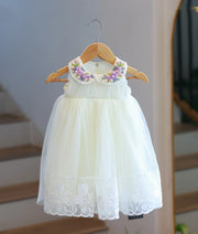 Off-White Tulle Net Embroidery Baptism Gown for Baby Girl [2114]
