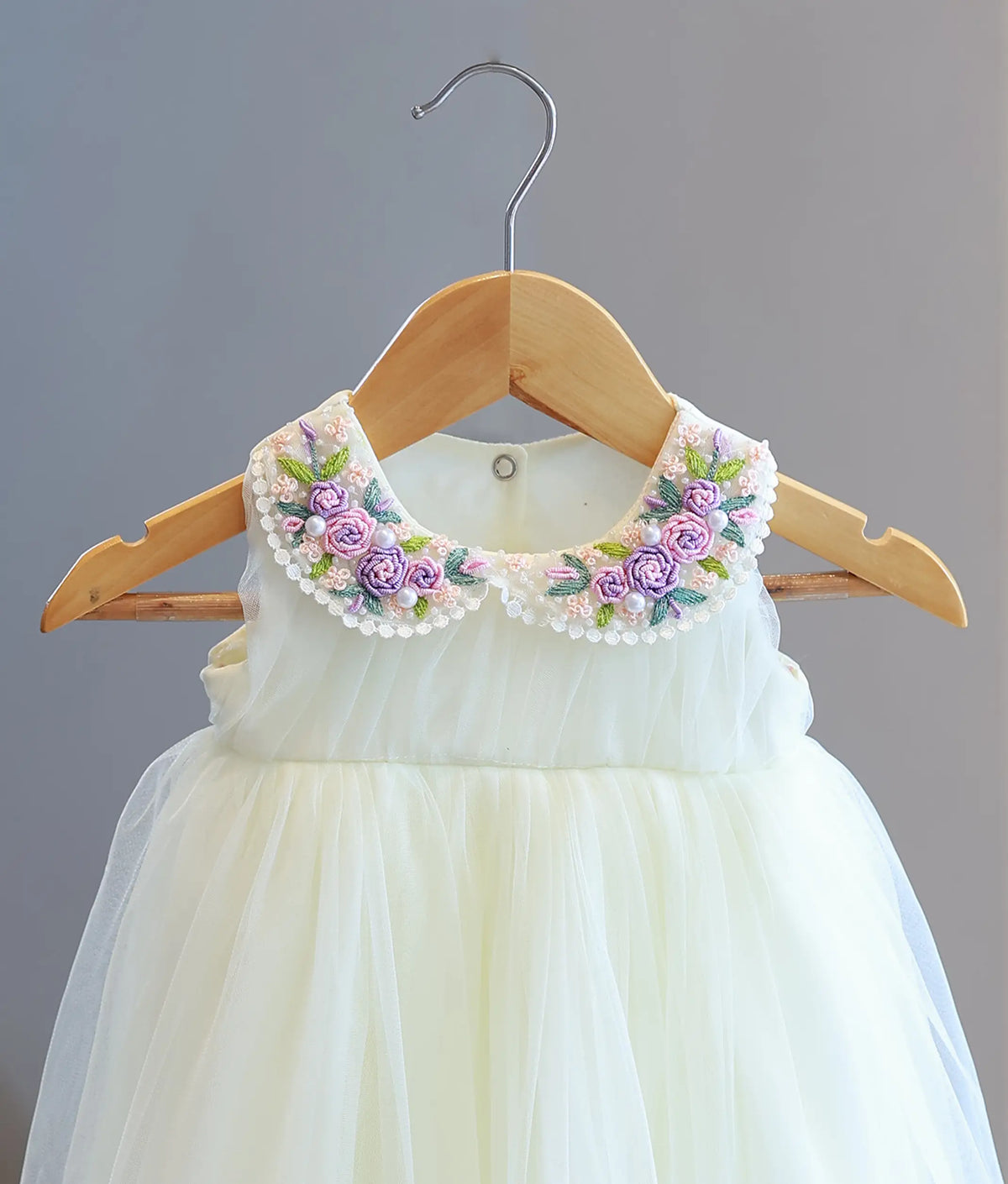 Off-White Tulle Net Embroidery Baptism Gown for Baby Girl [2114]