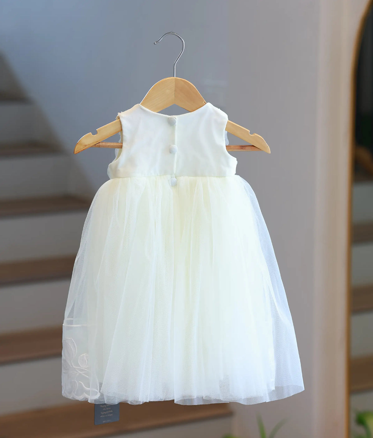 Off-White Tulle Net Embroidery Baptism Gown for Baby Girl [2114]