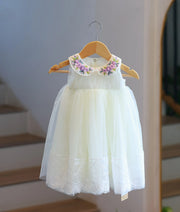 Off-White Tulle Net Embroidery Baptism Gown for Baby Girl [2114A]