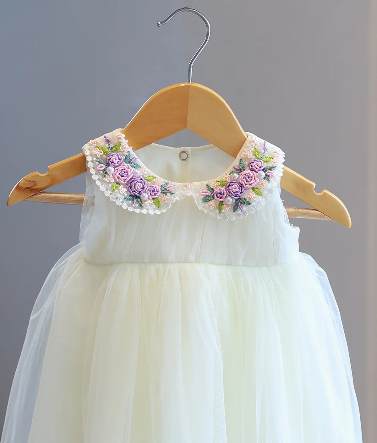 Off-White Tulle Net Embroidery Baptism Gown for Baby Girl [2114A]
