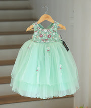 Pastel Green Tulle Net Handworked Birthday Frock For Baby Girl [2116]