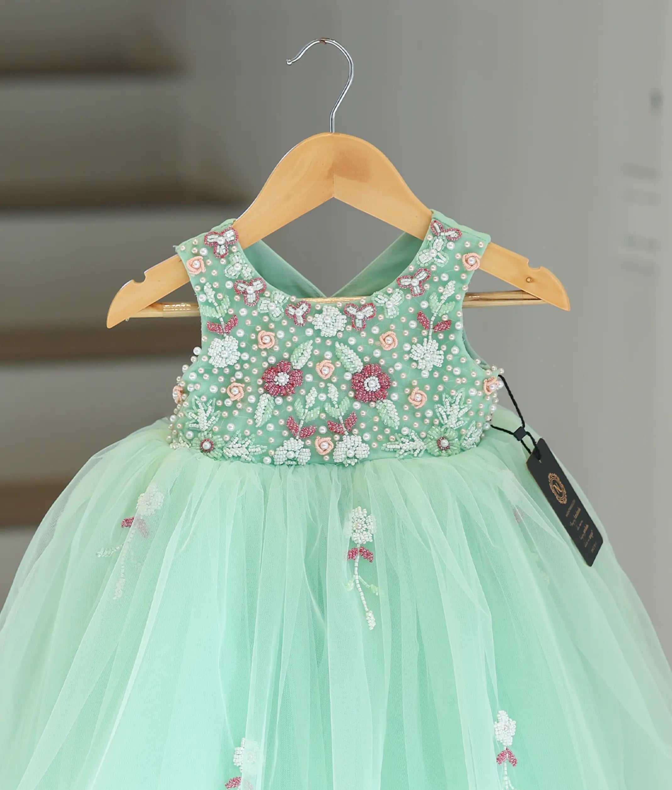Pastel Green Tulle Net Handworked Birthday Frock For Baby Girl [2116]