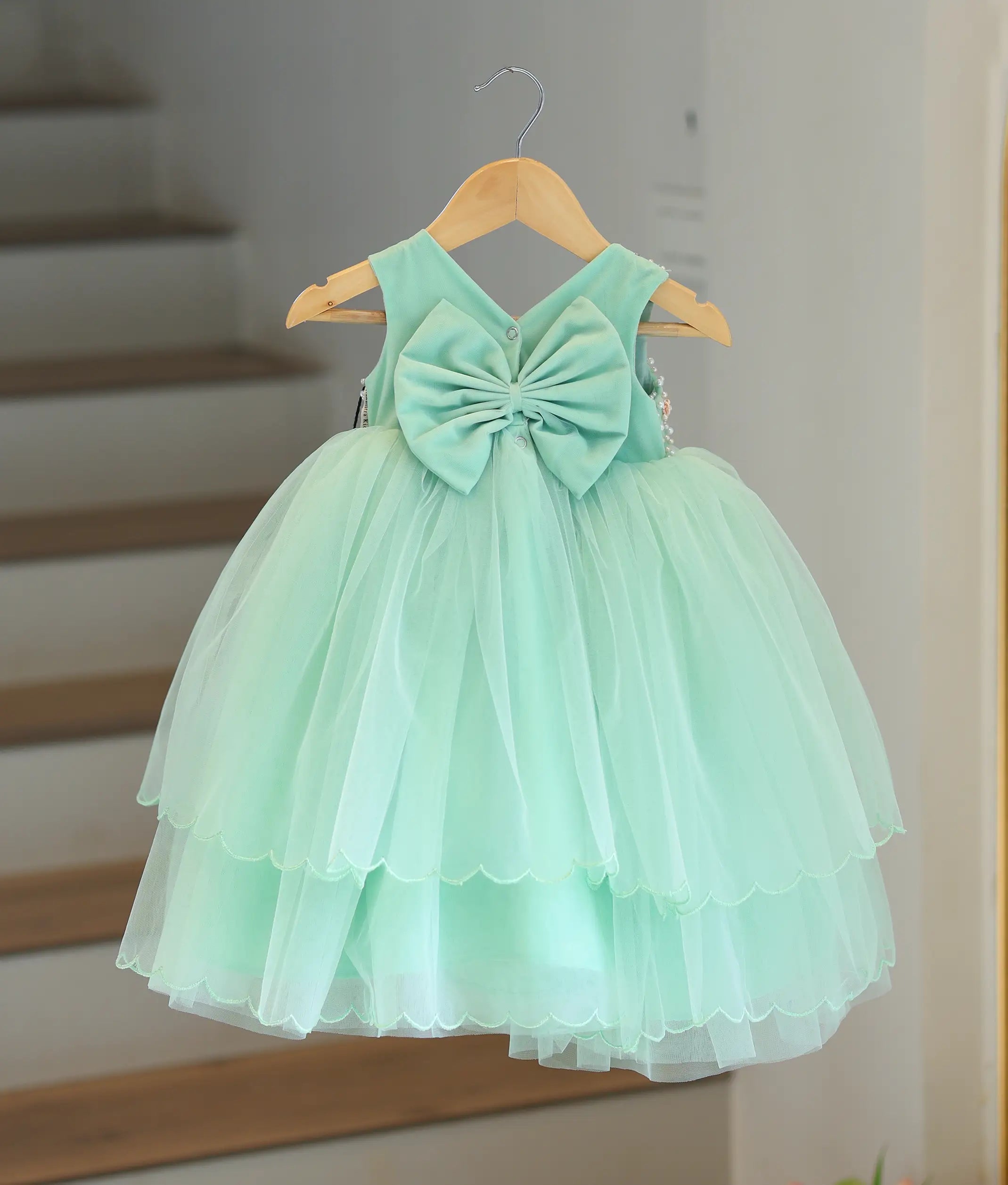 Pastel Green Tulle Net Handworked Birthday Frock For Baby Girl [2116]