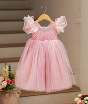 Pastel Pink Tulle Net Handworked Birthday Gown For Baby Girl [2127]