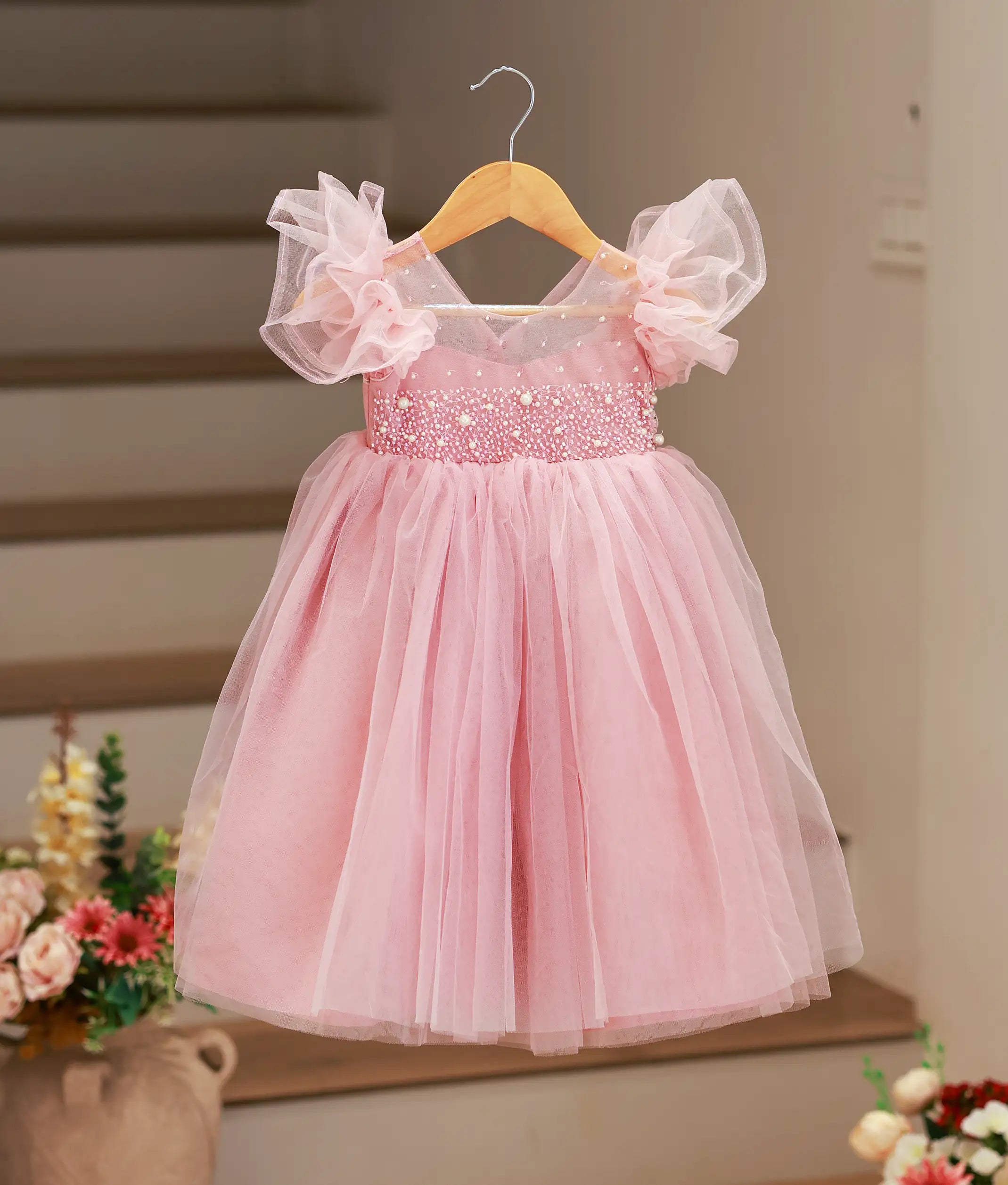 Pastel Pink Tulle Net Handworked Birthday Gown For Baby Girl [Ready To Ship: 2127]