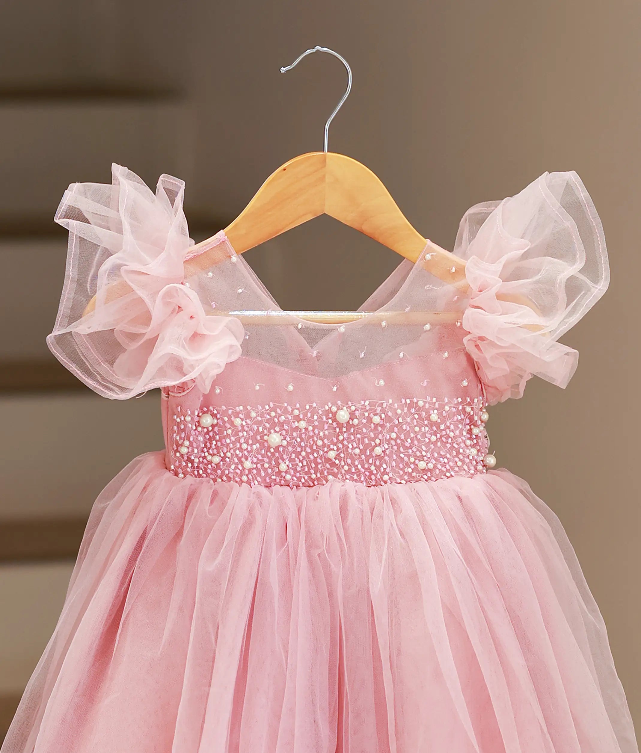 Pastel Pink Tulle Net Handworked Birthday Gown For Baby Girl [Ready To Ship: 2127]