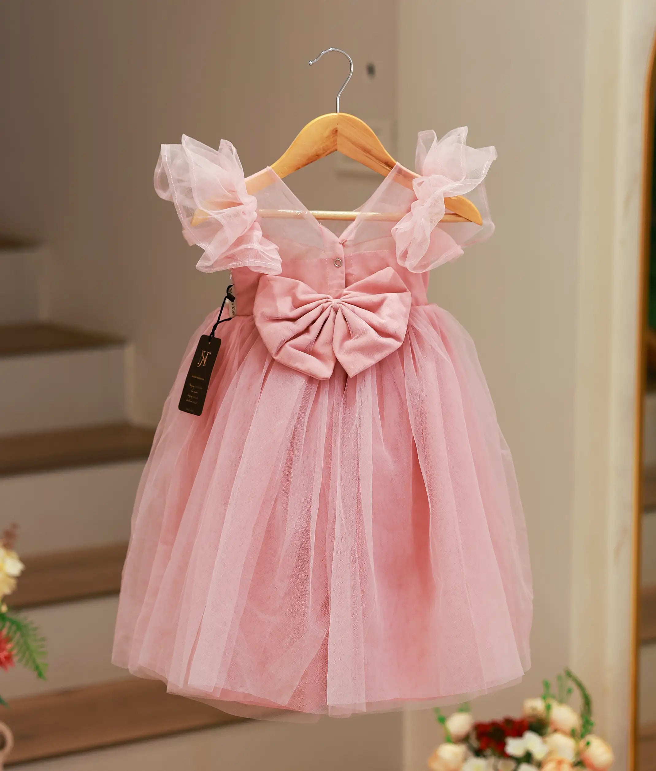 Pastel Pink Tulle Net Handworked Birthday Gown For Baby Girl [2127]