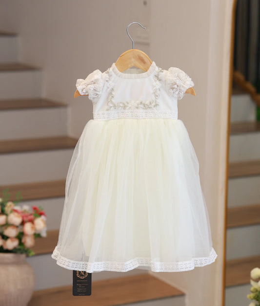 Off-white Tulle Net Handworked Baptism Frock For Baby Baptism [Ready to ship:2153]