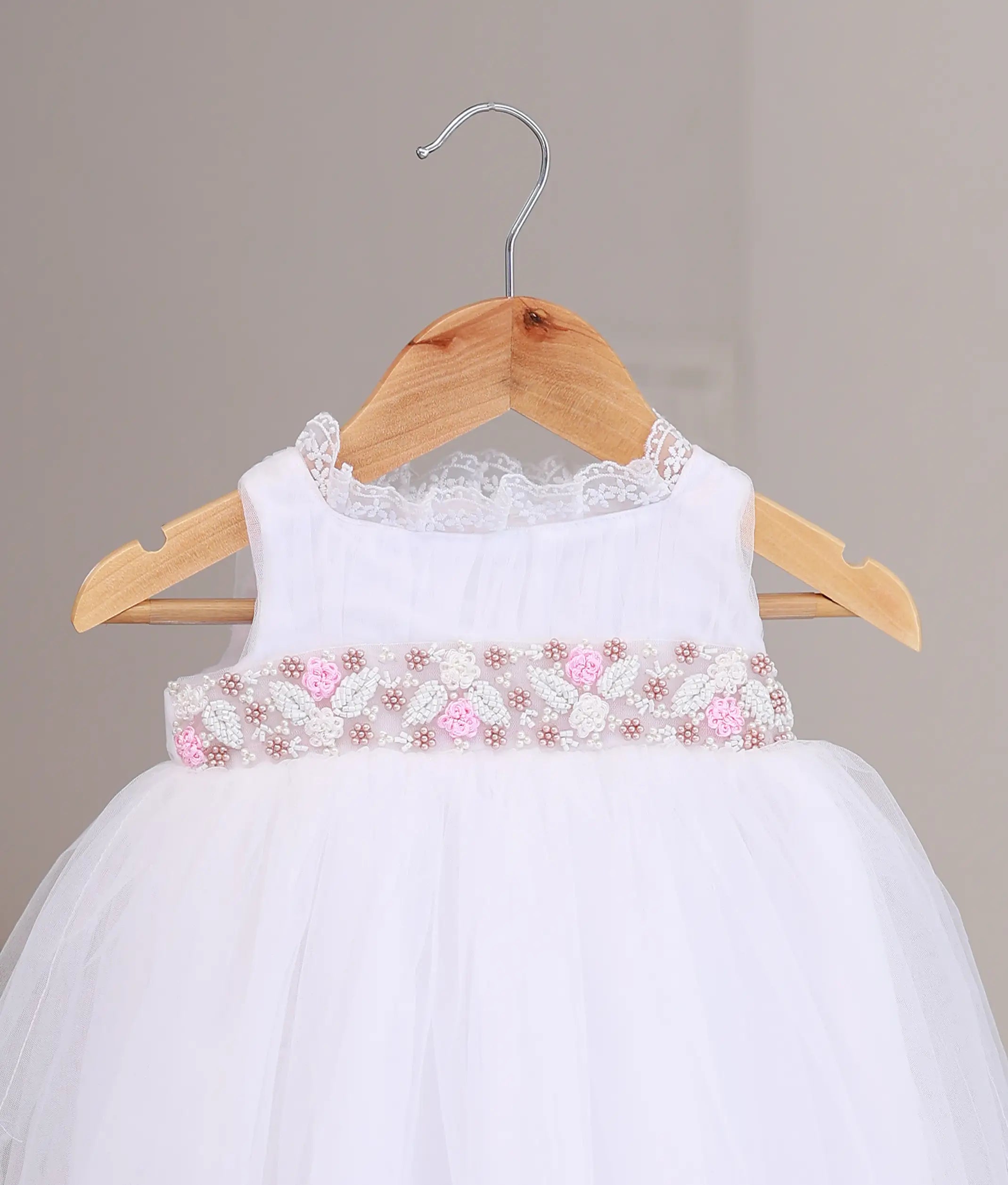 White Tulle Net Handworked Baptism Frock For Baby Girl [Ready To Ship: 2167A]