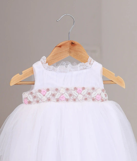 White Tulle Net Handworked Baptism Frock For Baby Girl [Ready To Ship : 2167A]