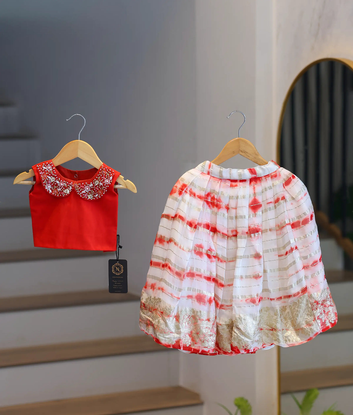 Red Embroidery Crop Top with Full Length Organza Skirt For Baby Girl [2209]