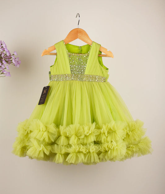 Green Tulle Net Handworked Party wear Frock For Baby Girl [Ready To Ship : 2283]