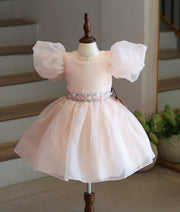 Peach Plain Organza Embroidered Birthday Frock for Baby Girl [2300]