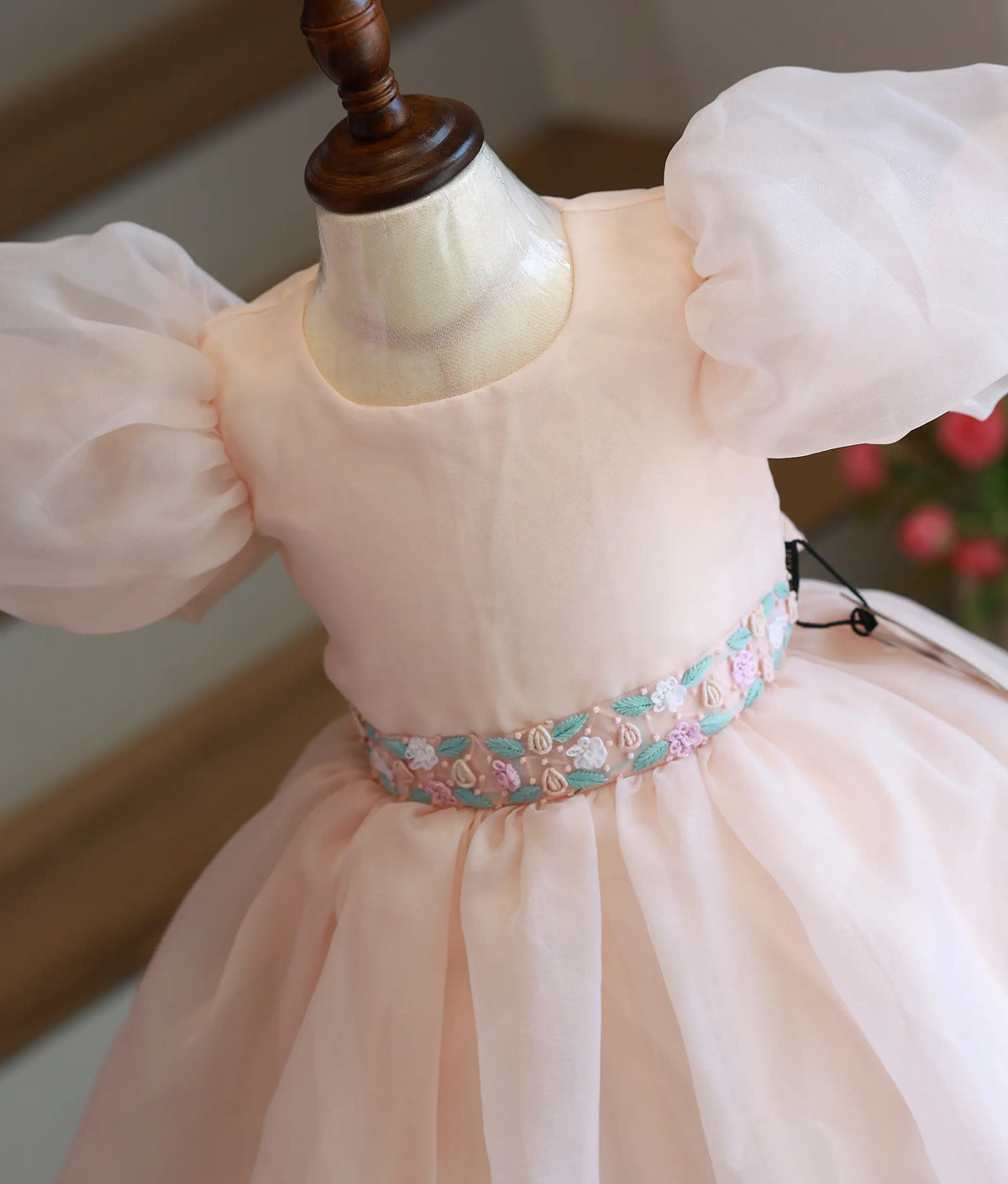 Peach Plain Organza Embroidered Birthday Frock for Baby Girl [2300]