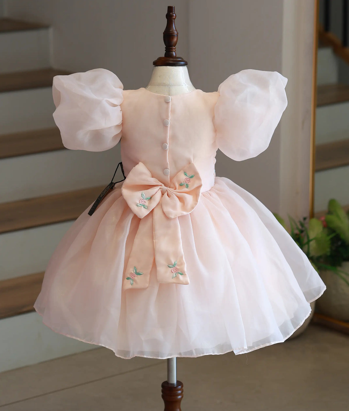 Peach Plain Organza Embroidered Birthday Frock for Baby Girl [2300]