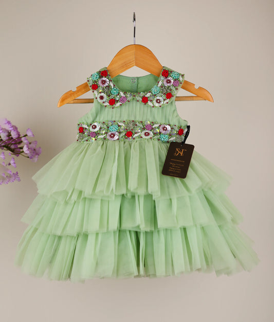 Front view of pastel green tulle net handworked birthday dress against plain background